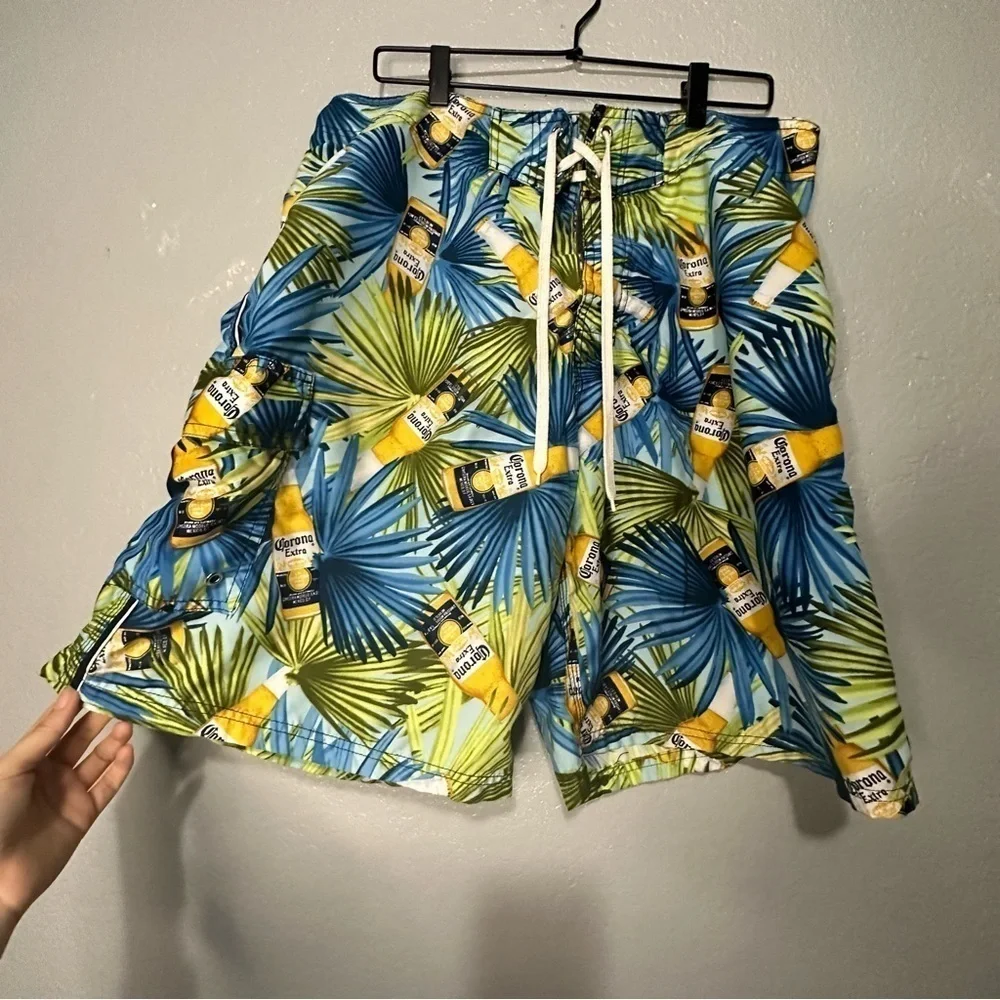 Corona Beer Blue Swim Trunks Tropical Summer Shorts‎ Beach Palm Trees 38